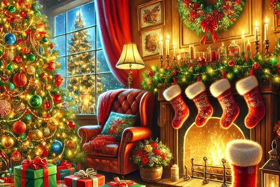 Cozy Christmas scene with decorated tree and stockings by fireplace