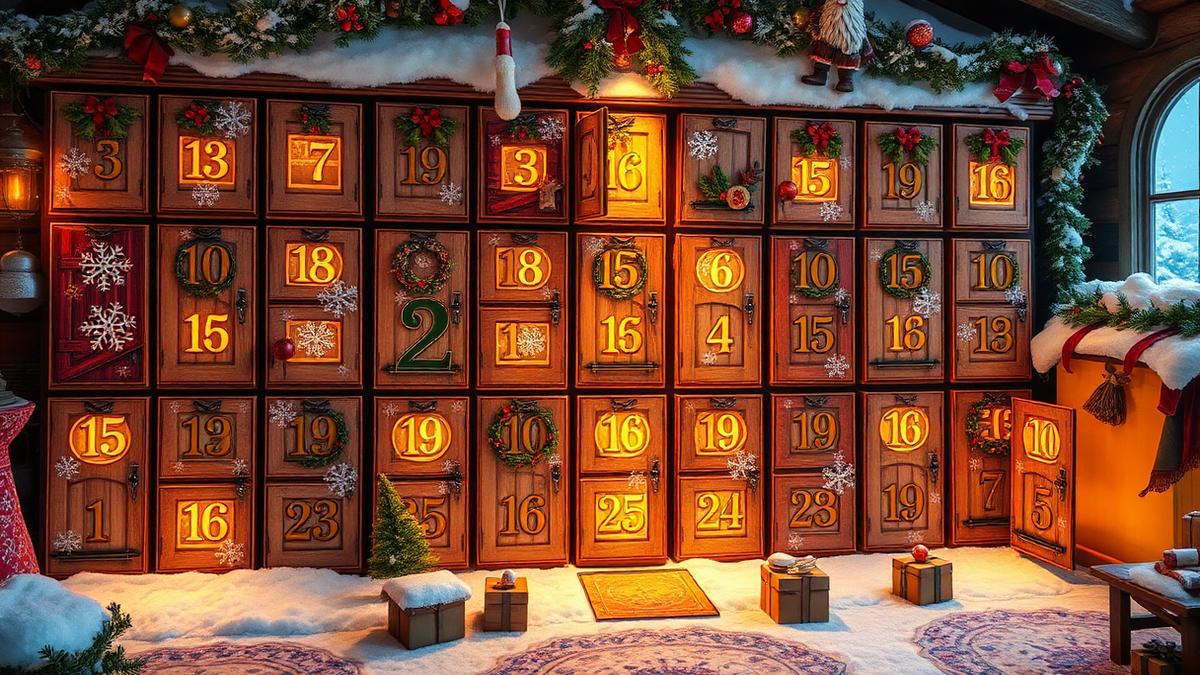 Magical Christmas advent calendar with numbered doors and festive decorations