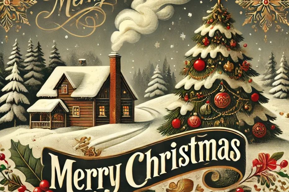 Vintage Christmas card with snowy cabin and decorated tree