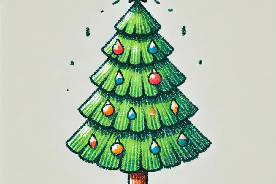 A colorful hand-drawn Christmas tree with ornaments