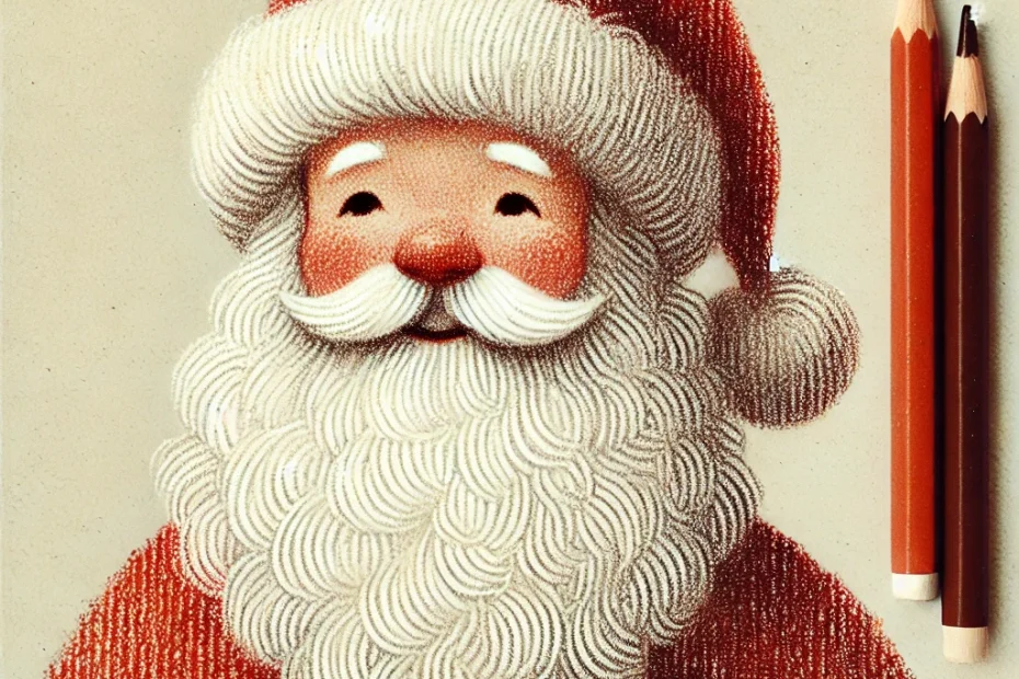 Cute pencil drawing of Santa Claus with colored pencils