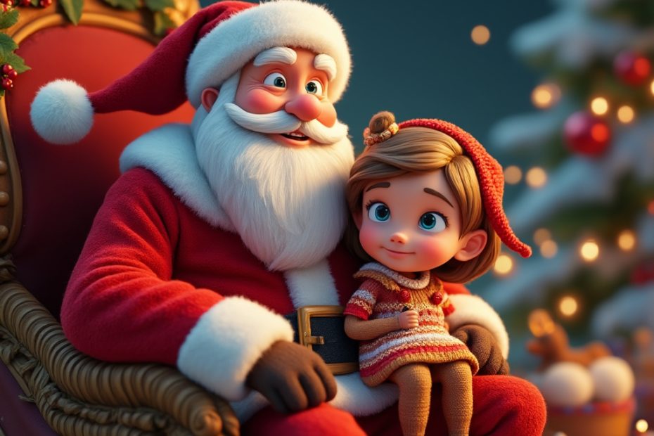 Santa Claus sitting with a child by the Christmas tree