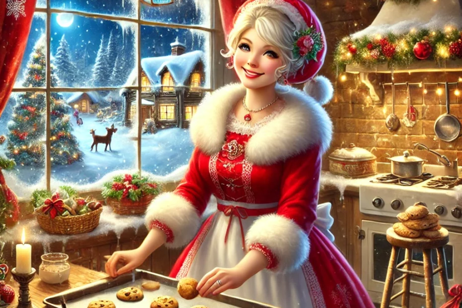 Mrs. Claus baking cookies in her cozy North Pole kitchen