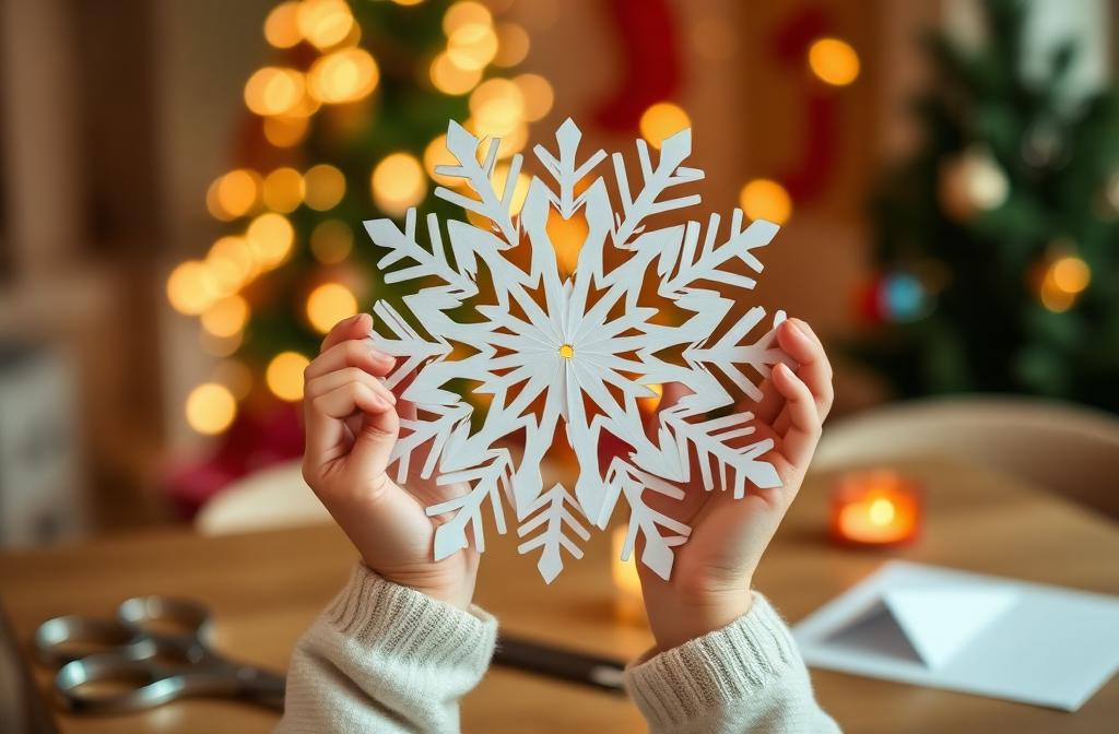 Child making paper snowflakes with scissors and white paper