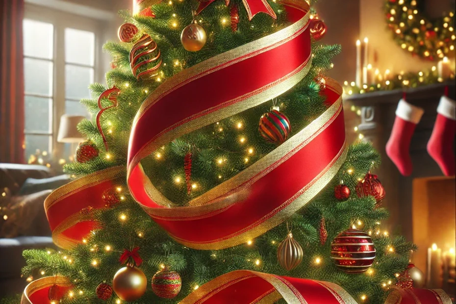 Beautiful Christmas tree decorated with red and gold ribbon