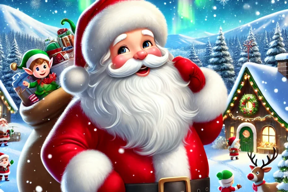 Santa Claus in the North Pole with elves and reindeer