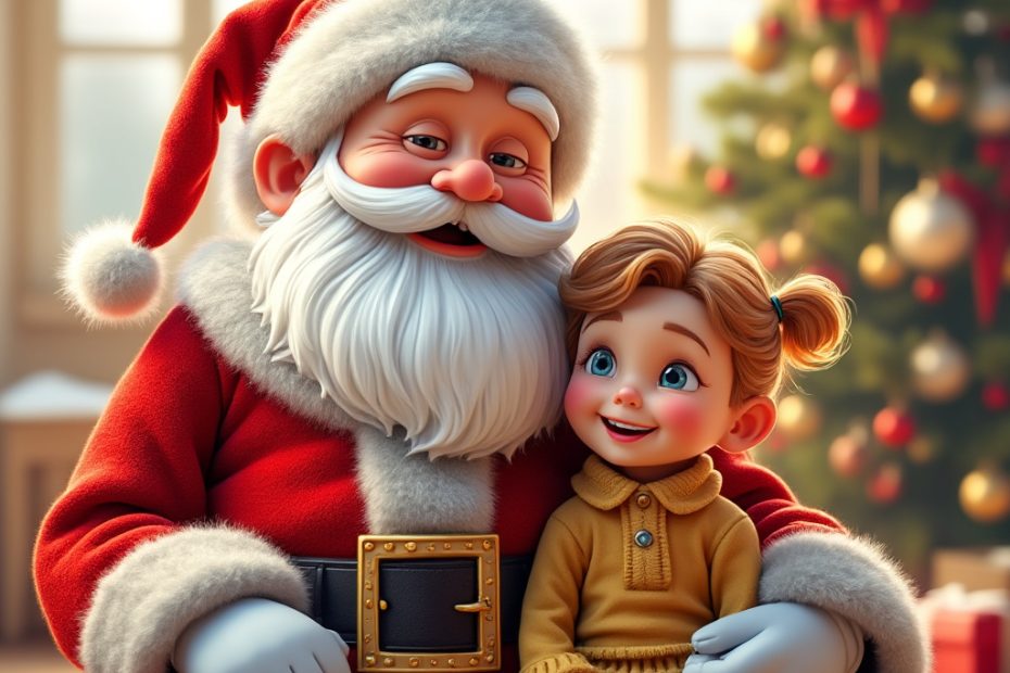 Santa Claus laughing with a child by the Christmas tree