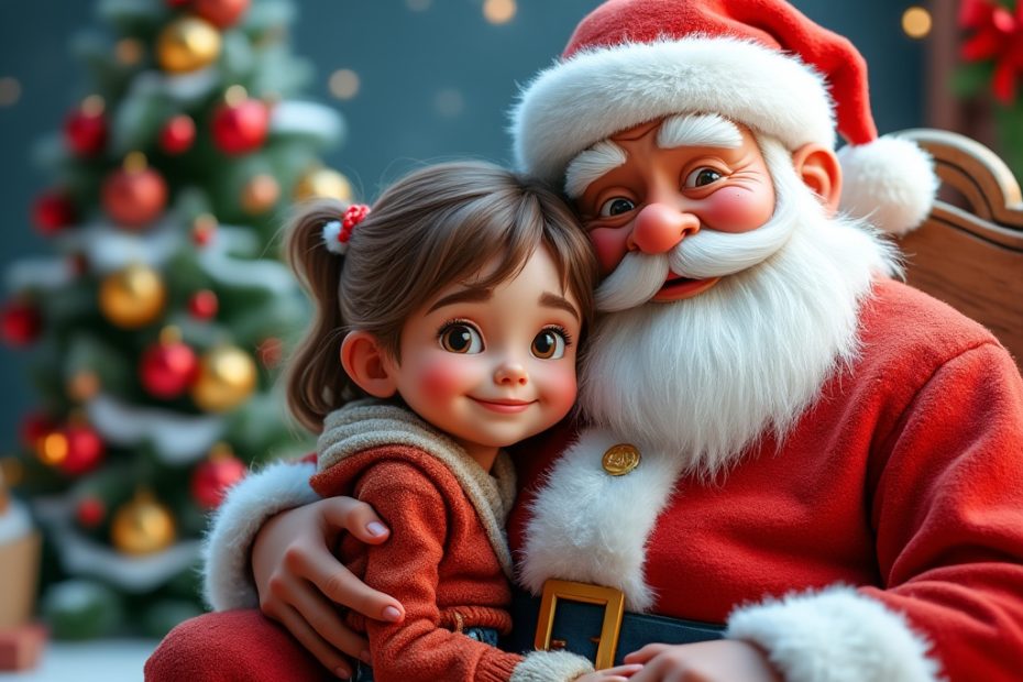 Santa Claus in his red suit with a child