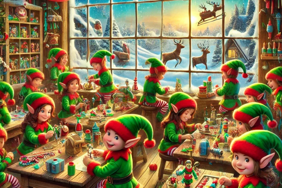 Santa's elves working in the magical toy workshop at the North Pole