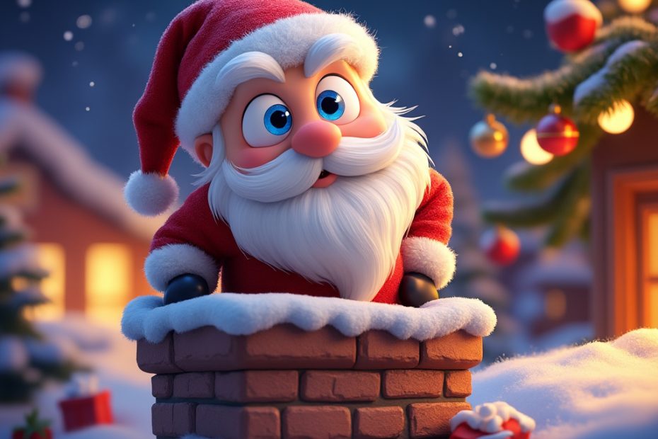 Santa Claus with twinkling blue eyes peeking out of a chimney