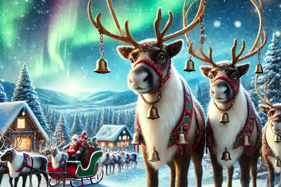 Santa's magical reindeer in the North Pole with the aurora borealis in the background