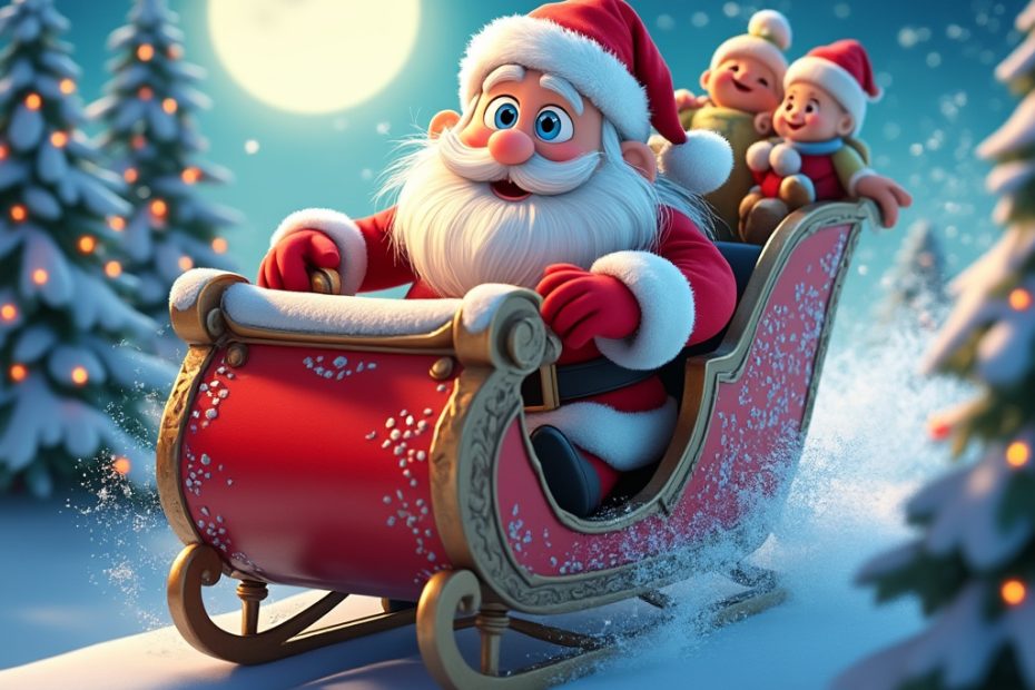 Santa Claus riding in his red sleigh with children